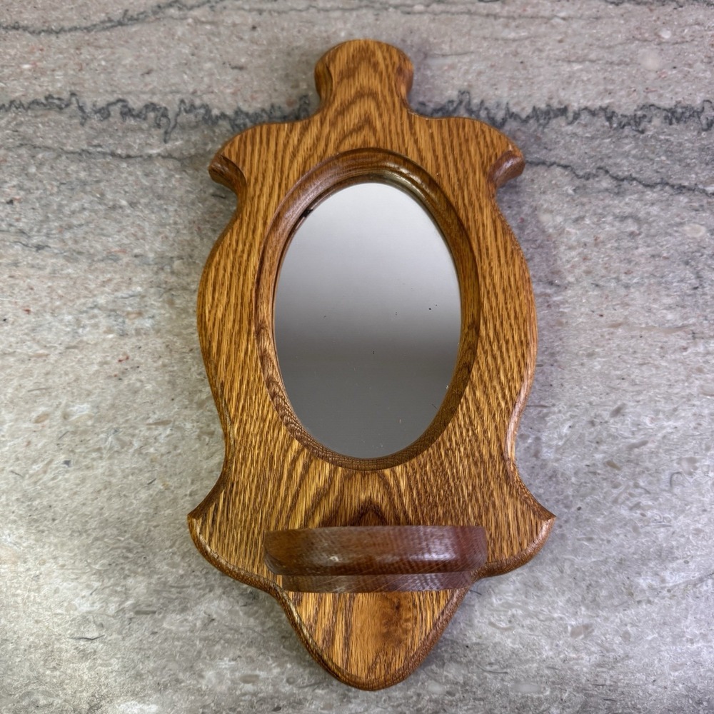 Vtg Oak Wall Mirror Shelf Oval Wood Entryway Bathroom Farmhouse Decor Handmade